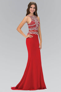 Elizabeth K GL1362P High Neck Jeweled Bodice Floor Length Prom Dress in Red - SohoGirl.com