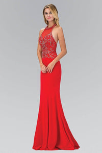 Elizabeth K GL1373P Dazzling Bead Bodice Halter Neck Open Back Full Length Gown in Red - SohoGirl.com
