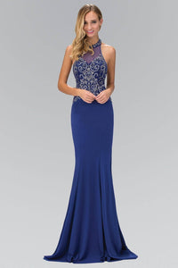 Elizabeth K GL1373P Dazzling Bead Bodice Halter Neck Open Back Full Length Gown in Royal Blue - SohoGirl.com