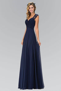 Elizabeth K GL1376P Lace Detail Twisted Sweetheart Bodice Floor Length Chiffon Gown in Navy - SohoGirl.com