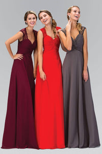 Elizabeth K GL1376P Lace Detail Twisted Sweetheart Bodice Floor Length Chiffon Gown in Red - SohoGirl.com