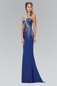 Elizabeth K GL1382X High Neck Swirl Beading Illusion Floor Length Gown in Royal Blue - SohoGirl.com