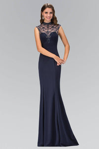 Elizabeth K GL1383X Open Back High Neck Jewel Embellished Illusion Full Length Gown in Navy - SohoGirl.com