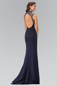 Elizabeth K GL1383X Open Back High Neck Jewel Embellished Illusion Full Length Gown in Navy - SohoGirl.com