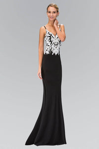 Elizabeth K GL1384X Sheer Spaghetti Strap V-neck Bead Embellished Bodice Full Length Gown in Black - SohoGirl.com