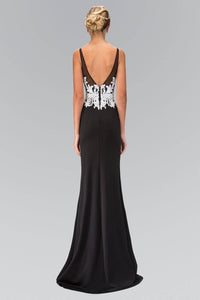 Elizabeth K GL1384X Sheer Spaghetti Strap V-neck Bead Embellished Bodice Full Length Gown in Black - SohoGirl.com