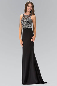 Elizabeth K GL1385X Racer Neck Open Back Bead Embellished Bodice Full Length Jersey Gown in Black - SohoGirl.com