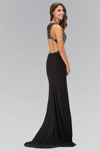 Elizabeth K GL1385X Racer Neck Open Back Bead Embellished Bodice Full Length Jersey Gown in Black - SohoGirl.com