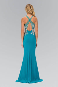 Elizabeth K GL1387X Jewel Neck Crossed Back Sequin Bodice Full Length Gown in Teal - SohoGirl.com