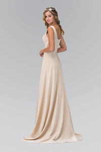 Elizabeth K GL1391T Pleated Slit Bateu Neck Full Length Gown in Champagne - SohoGirl.com