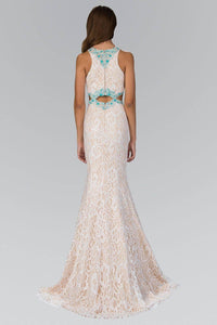 Elizabeth K GL1403H Floral Lace Turquoise Beading Full Length Gown in Ivory Nude - SohoGirl.com