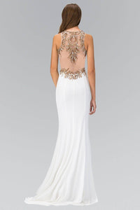 Elizabeth K GL1418P Bead Embellished Illusion Back Sheer Insert Full Length Jersey Gown in Ivory - SohoGirl.com