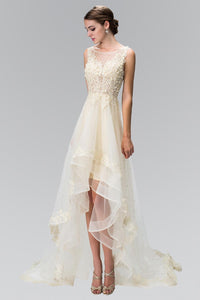 Elizabeth K GL1426 High Low Tulle Dress with Pearl and Rhinestone Detailing In Ivory - SohoGirl.com