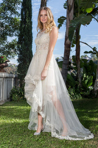 Elizabeth K GL1426 High Low Tulle Dress with Pearl and Rhinestone Detailing In Ivory - SohoGirl.com