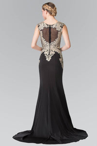 Elizabeth K GL1461 Beads Embellished Embroidery Long Dress with Sheer Back in Black - SohoGirl.com