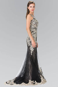 ELIZABETH K GL1462 LONG JEWEL EMBELLISHED MOCK V-NECK LACE ILLUSION PROM DRESS IN BLACK-GOLD - SohoGirl.com