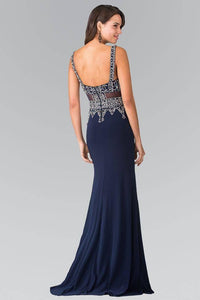Elizabeth K GL1474 Beads Embellished Sleeveless V-Neck Floor Length Dress in Navy - SohoGirl.com