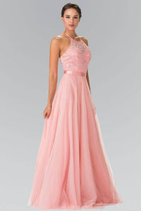 Elizabeth K GL1475 Embroidered Halter Bodice Floor Length Dress in Blush - SohoGirl.com