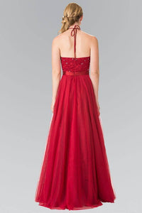 Elizabeth K GL1475 Embroidered Halter Bodice Floor Length Dress in Burgundy - SohoGirl.com