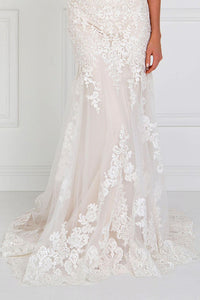 Elizabeth K GL1515 Lace V-Neck A-Line Long Dress With Lace Applique in Ivory-Champagne - SohoGirl.com