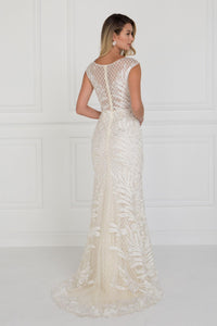 Elizabeth K GL1534 Mesh Mermaid Long Dress with Flower Attached In Ivory-Champagne - SohoGirl.com