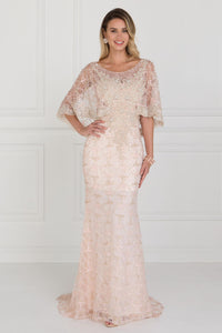 Elizabeth K GL1535 Mesh Mermaid Long Dress with Embroidered Cape Sleeves In Blush - SohoGirl.com