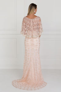 Elizabeth K GL1535 Mesh Mermaid Long Dress with Embroidered Cape Sleeves In Blush - SohoGirl.com