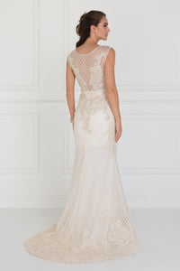 Elizabeth K GL1536 Mesh Mermaid Long Dress with Beads and Jewels Embellished In Ivory-Champagne - SohoGirl.com
