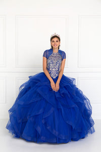 Elizabeth K GL1553 Tulle Cut-Out Back Dress with Bolero in Royal Blue - SohoGirl.com