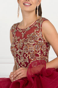 Elizabeth K GL1556 Tulle Cut-Out Back Dress in Burgundy - SohoGirl.com