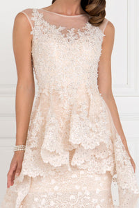 Elizabeth K GL1584 Lace Mermaid Long Dress with Tulle Overlay in Champagne - SohoGirl.com