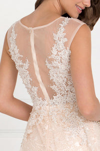 Elizabeth K GL1584 Lace Mermaid Long Dress with Tulle Overlay in Champagne - SohoGirl.com
