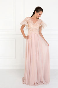 Elizabeth K GL1587 Chiffon Dress with Ruffled Short Sleeves in Champagne - SohoGirl.com