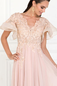 Elizabeth K GL1587 Chiffon Dress with Ruffled Short Sleeves in Champagne - SohoGirl.com