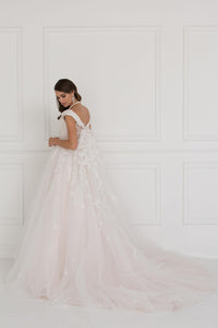 Elizabeth K GL1589 Mesh Off Shoulder Ball Gown Dress with Embroidery in Ivory- Champagne - SohoGirl.com
