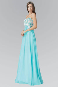 Elizabeth K GL2050H Lace Embroidered Strapless Sweetheart Bodice Full Length Chiffon Gown in Light Blue - SohoGirl.com