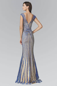 Elizabeth K GL2053D Open Back Striped Bead Embellished Sheer Overlay Full Length Satin Gown in Royal Blue Nude - SohoGirl.com