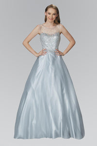 Elizabeth K GL2111 Quinceanera A-Line Long Dress with Sequin Embellished Sheer Bodice and back In Silver - SohoGirl.com