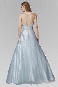 Elizabeth K GL2111 Quinceanera A-Line Long Dress with Sequin Embellished Sheer Bodice and back In Silver - SohoGirl.com
