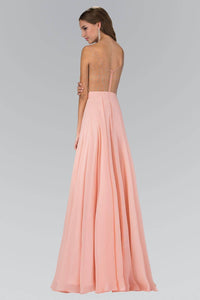 ELizabeth K GL2116P Bead Embellished V-neck Bodice Floor Length Chiffon Gown in Peach - SohoGirl.com