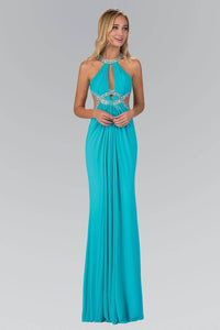 Elizabeth K GL2142X Jewel Design Plunging Keyhole Side Cutout Floor Length Gown in Tiffany - SohoGirl.com