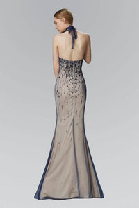 Elizabeth K GL2147X Choker Halter Jewel Embellished Side Slit Full Length Mesh Jersey Gown in Navy - SohoGirl.com
