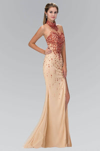 Elizabeth K GL2147X Choker Halter Jewel Embellished Side Slit Full Length Mesh Jersey Gown in Red Nude - SohoGirl.com