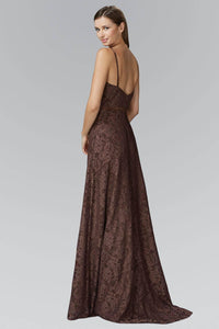 Elizabeth K GL2170T Belted Scooped High Neck Full Length Floral Lace Gown in Brown - SohoGirl.com