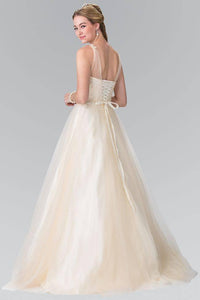 Elizabeth K GL2202 Embroidery Mesh Wedding Dress with Corset Back in Champagne - SohoGirl.com