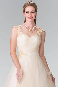 Elizabeth K GL2202 Embroidery Mesh Wedding Dress with Corset Back in Champagne - SohoGirl.com