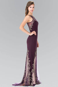 Elizabeth K GL2204 High Neck Dress Accented with Embroidery in Eggplant - SohoGirl.com