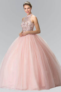 Elizabeth K GL2206 Full Skirt High Neck Quinceanera Dress in Blush - SohoGirl.com