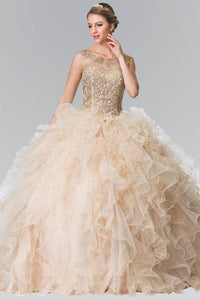 Elizabeth K GL2208 Embroidered and Beaded Ruffle Skirt Quinceanera Dress in Champagne - SohoGirl.com