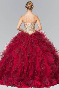 Elizabeth K GL2211 Bead Embellished Embroidery Ruffled Quinceanera Dress in Burgundy - SohoGirl.com